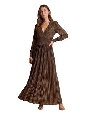 Boden Metallic Plissé Pleated Maxi Dress Bronze Gold V-Neck Smocked 6 Petite